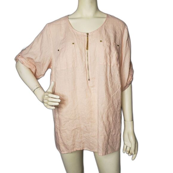 Ellen Tracy Blouse Womens 1X Pink Linen Half Zip Tunic Short Sleeve EPWH63534 - Picture 7 of 7